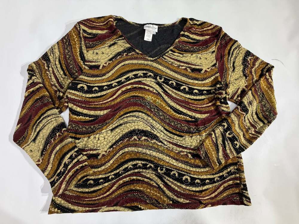 Coldwater Creek Wavy Tribal Print Top Long Sleeve Boho Artsy Textured XL